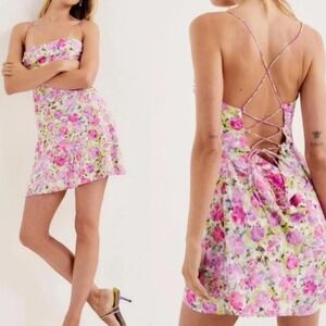 FOR LOVE & LEMONS Womens Sz S Paulina Scoop Neck Floral Lace-Up Back Mini Dress
